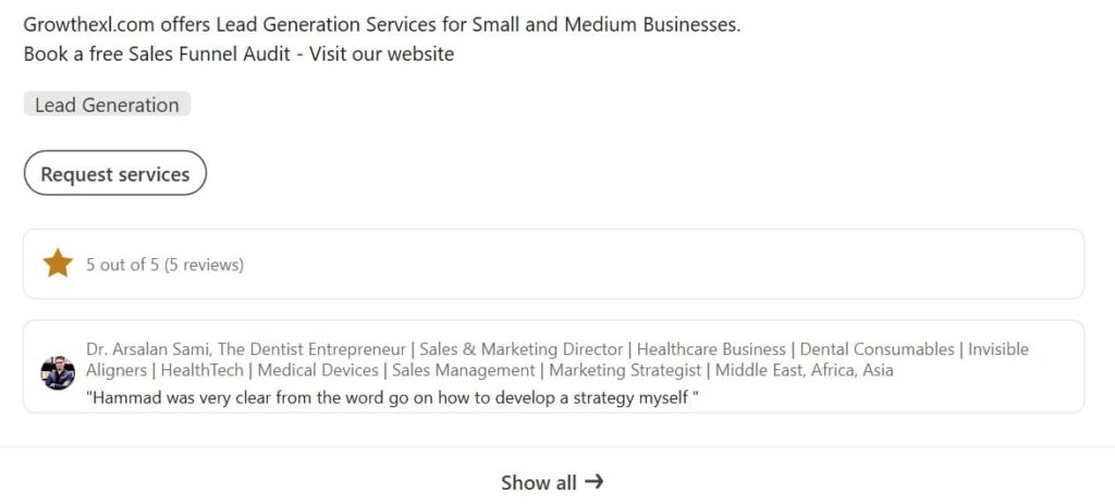  "linkedin services section example"